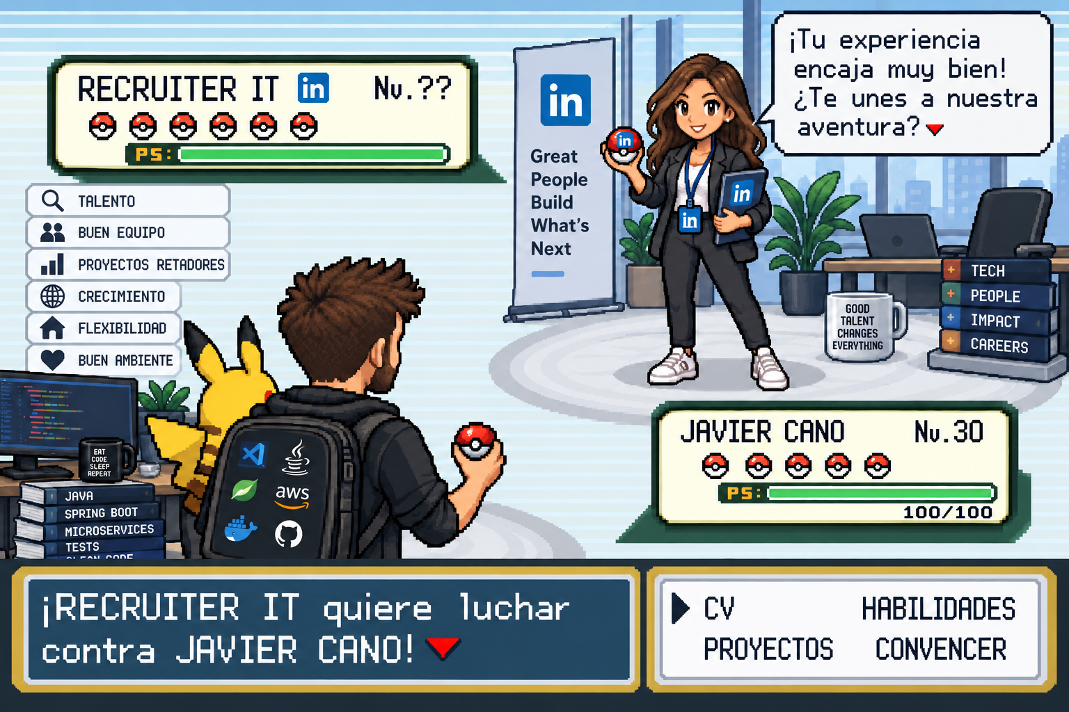Una recruiter IT desafía a Javier Cano en una escena de combate Pokémon: tu experiencia encaja muy bien, ¿te unes a nuestra aventura?
